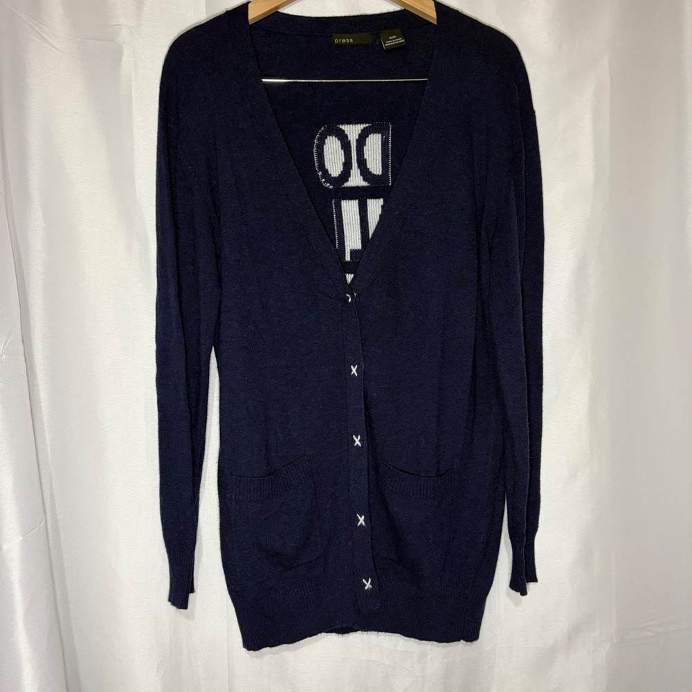 Press Womens Navy Blue Do All Things With Love Graphic Long Cardigan Sweater M - Picture 6 of 7